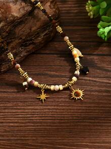 1pc Women's Stainless Steel Natural Stone Octagonal Sunburst Pendant Colorful Beaded Necklace, Vintage Fashion Suitable For Daily Wear (Bead Color Random) - Gold-n1124 - View 5
