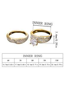 2pcs Gold Cubic Zirconia Ring Set, Full Pave Zirconia Ring Band With Solitaire Engagement Ring, Luxury Wedding Ring Set For Women - Gold - View 6