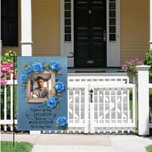 Soft Light Blue Base 3D Blue Rose Wreath Wooden Photo Frame Son Memorial Custom Garden Flags Personalized DIY Cemetery Lawn Yard Religious Christian Family Loss Funeral Remembrance Tender Condolence Outdoor Wall Tribute Banner Decoration - Multicolor - View 3