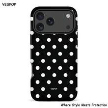 VESPOP Black Polka Dot Phone Case, Dual-Layer Shockproof Hard Shell, Retro Dotted Design, Fit For IPhone 17/16/15/14/13 Pro Max, Galaxy S26/S25/S24 Ultra, Pixel 10/9/8 Pro - Mixed Color 1 - View 1