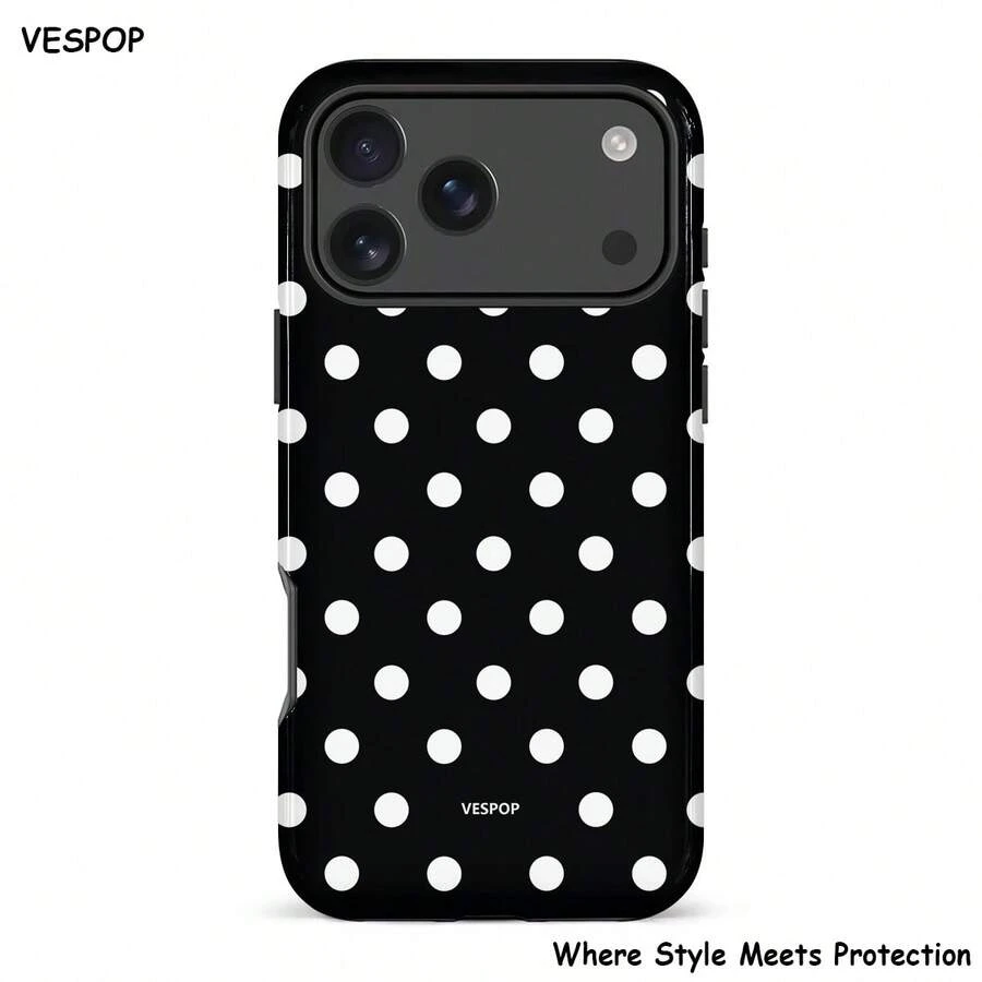 VESPOP Black Polka Dot Phone Case, Dual-Layer Shockproof Hard Shell, Retro Dotted Design, Fit For IPhone 17/16/15/14/13 Pro Max, Galaxy S26/S25/S24 Ultra, Pixel 10/9/8 Pro - Mixed Color 1 - View 1