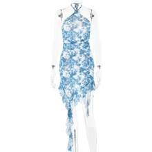 Vestido Nuevo Estampado Cuello Colgante Espalda Descubierta - Azul - Ver 8