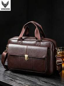 VINCESS Men's Casual Business Cow Leather Computer Bag, Large Capacity Multi Function Multi Pocket, Suitable For Laptops Or Tablets, Shoulder Carrying Shoulder Bag, Double Handle Handbag, Document Bag Suitable For Various Occasions, Travel And Business Office Commuting, Multi Functional Leather Bag - Coffee - View 1