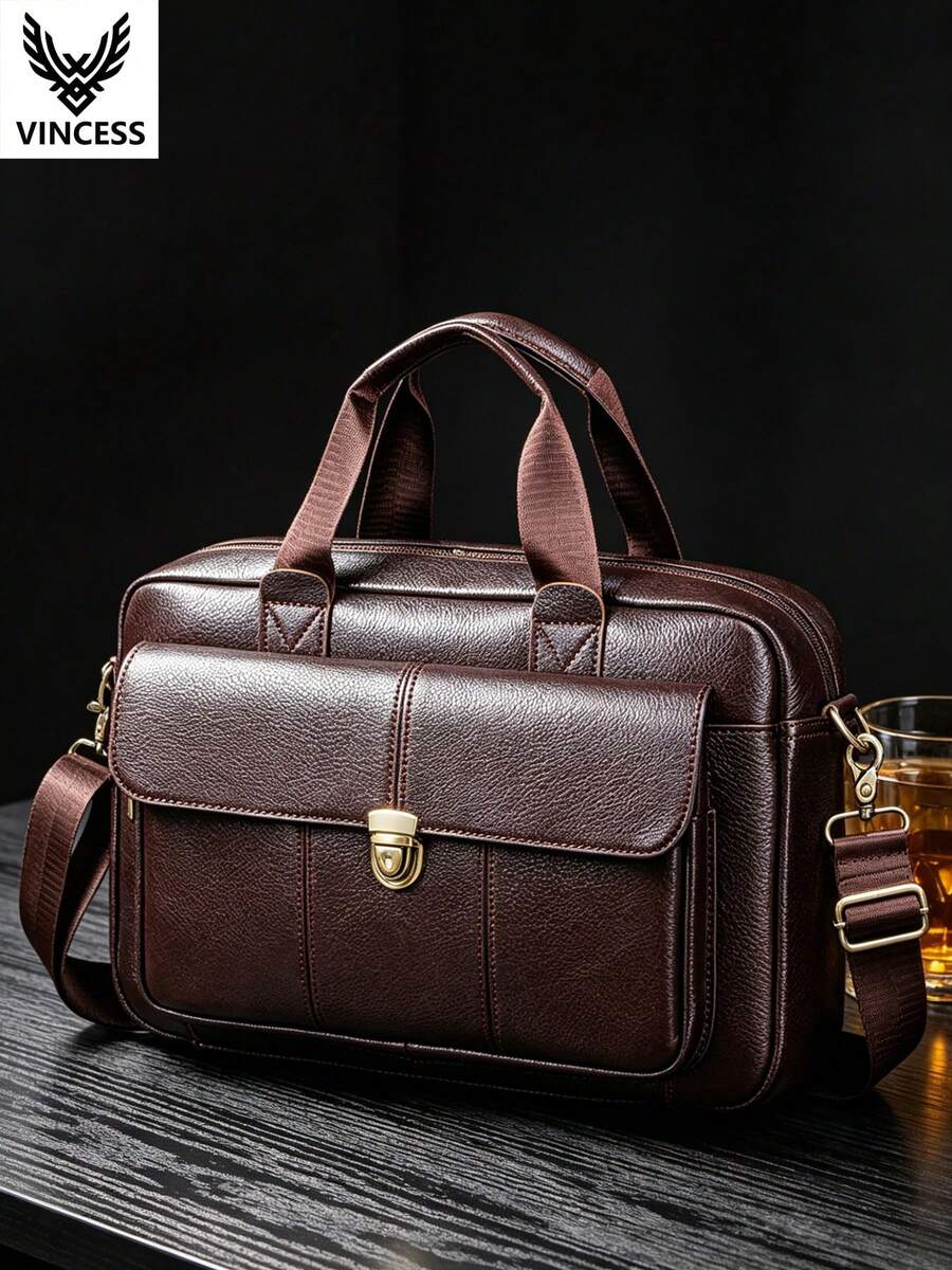 VINCESS Men's Casual Business Cow Leather Computer Bag, Large Capacity Multi Function Multi Pocket, Suitable For Laptops Or Tablets, Shoulder Carrying Shoulder Bag, Double Handle Handbag, Document Bag Suitable For Various Occasions, Travel And Business Office Commuting, Multi Functional Leather Bag - Coffee - View 1