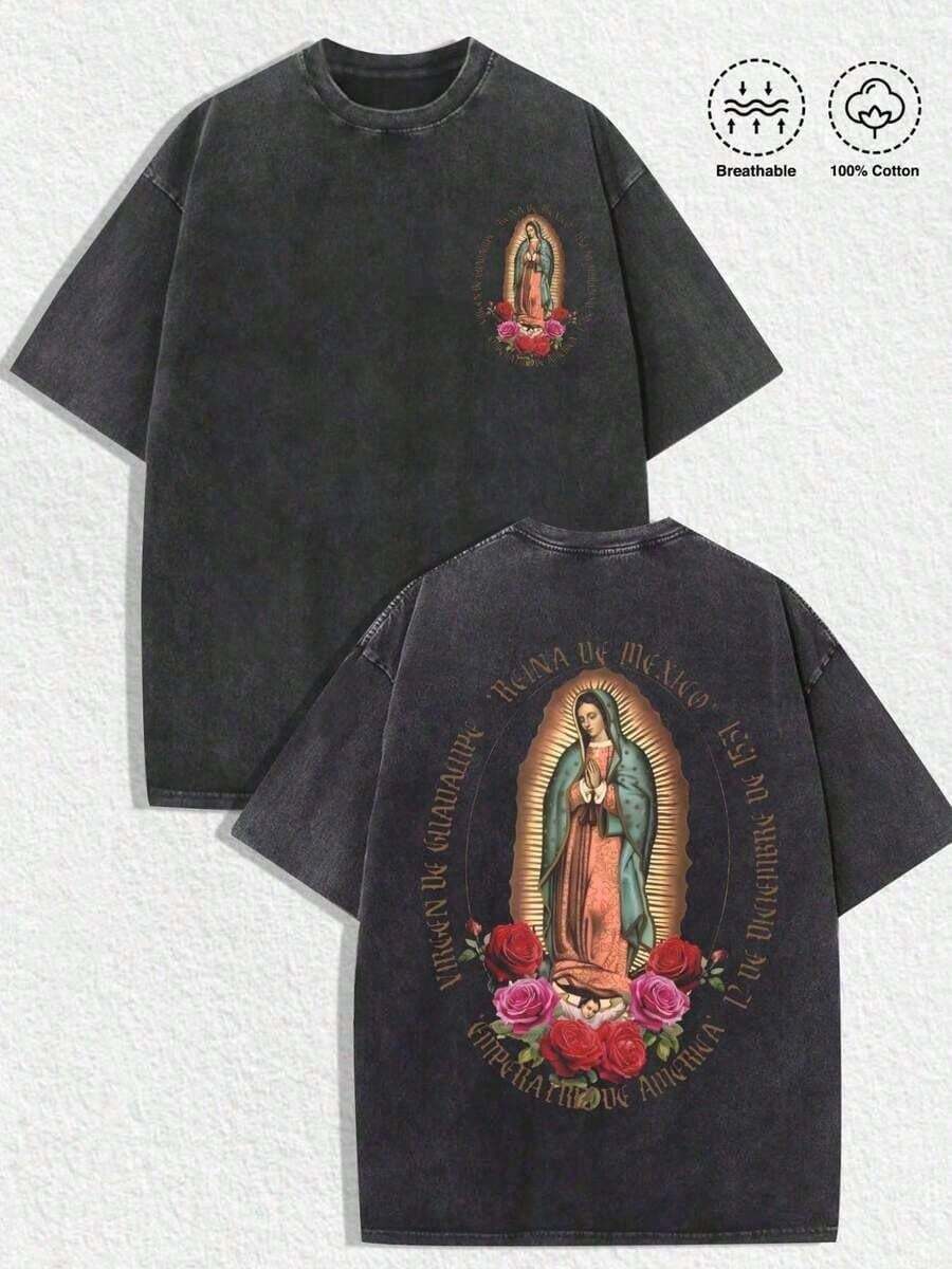 1 Camiseta Religiosa con Diseño Personalizado "Virgen de Guadalupe": Con acabado vintage desgastado, impresión artística en el frente de Nuestra Señora de Guadalupe con rosas, ilustración elaborada en la espalda de la Virgen de Guadalupe rodeada de rosas y texto "VIRGEN DE GUADALUPE REINA DE MEXICO PATRONA DE AMERICA". Confeccionada en algodón 100% transpirable, es perfecta para añadir un toque espiritual, nostálgico y cultural a tus atuendos durante las celebraciones del Día de Nuestra Señora de Guadalupe, eventos religiosos o para uso diario. Es una excelente opción de regalo para amigos y familiares. Las camisetas 100% algodón presentan un diseño juvenil y moderno. Camisetas gráficas para hombre, camisetas gráficas para mujer, "Cachorro Feliz", Regreso a la escuela. - Negro - Ver 1