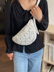 手工編織小斜背包，新款編織單肩包，小眾海灘風，百搭，方形信封包，時尚，適合度假與海灘 - 白色 - 查看 5