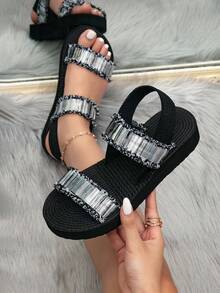 Women's Summer Sandals, Platform Sandals, Wedge Sandals, With Tassel, Black High Heel Sandals, Elastic Strap Colorblock Open Toe Beach Shoes, Minimalist - Black - View 2