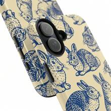 Apple 17 Pro Max Plus Hase Mobile Phone Case |   Blue & Yellow Animal Pattern |   Vintage-Style Rabbit Illustration |   Shiny Durable Case 23 24 25 26 - White - View 6