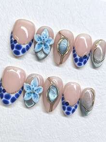10Pcs Almond Luxury Handmade Press On Nails, Nude Base With Blue Crack Texture & Gold Rim Cat Eye, 3D Blue Carving Gem Decor, Minimal Y2K Punk Beach Nails, Reusable For Party Wedding Formal Occasions - Blue - View 3