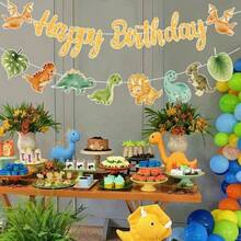 1套恐龍主題生日橫幅，印有「Happy Birthday」，附贈針線禮品，適合主題生日派對牆面裝飾，生日慶祝理想之選，精美生日禮物，亦適用於節日裝飾、居家牆面或房間佈置 - 恐龍 - 查看 4