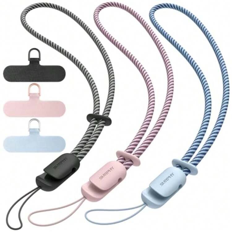 SURPHY 3 Unidades Correa para Celular con Pestaña de Teléfono, Phone Wrist Strap, Phone Lanyard, Cordón para Móvil, Correa de Muñeca para Teléfono Móvil - Negro & Nube Azul & Rosa - Añade 1