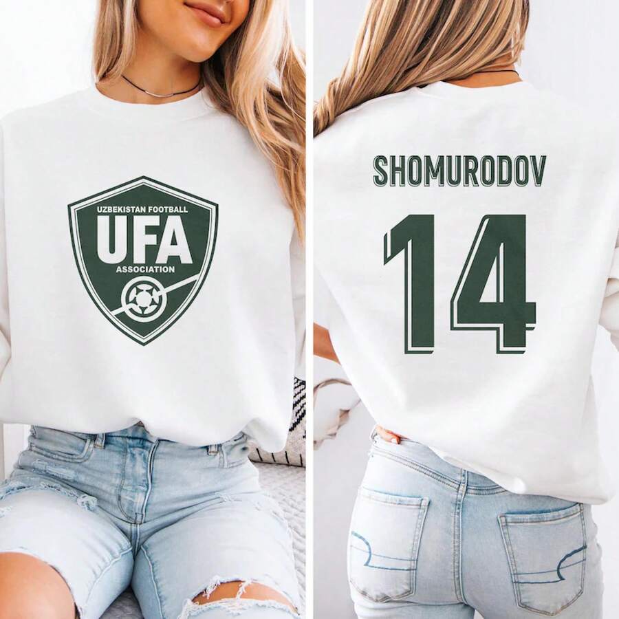 Shomurodov #14 Uzbekistan Inspired Jersey Style Graphic Tee, 2-Sided Star Player Fans Tribute, Soccer World Tournament Gift Unisex T-Shirt - 白色 - 查看 1