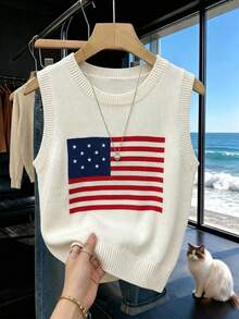 1 chiếc áo tank top dệt kim cổ tròn màu trắng họa tiết cờ Mỹ thời trang mùa hè cho nữ - trắng - Xem 1
