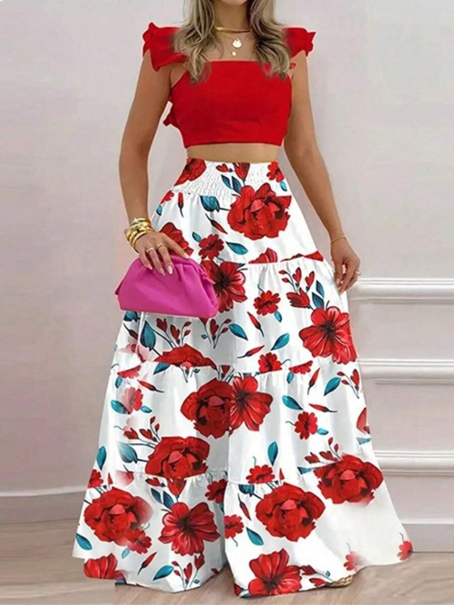 Conjunto de Dos Piezas para Mujer, Top Corto con Volantes y Falda Larga de Volantes en Capas - Estampado floral rojo - Ver 1