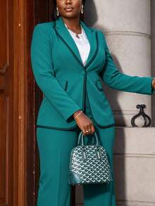 Women's Elegant Commuting, Dating, Party Collared Contrast Trim Pocket Decor Suit Set, Solid Color Contrast Trim, Suitable For Evening Date, Holiday, Birthday Party, Formal Dinner, Singles Party, Tea Party In Autumn/Winter, Spring - Green - View 4