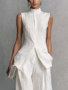 European American Draped Linen Cotton Two Piece Set Solid Color Sleeveless Shirt Top High Waist Long Pants Elegant Temperament Casual Daily Vacation Matching Outfits - 白色 - 查看 5