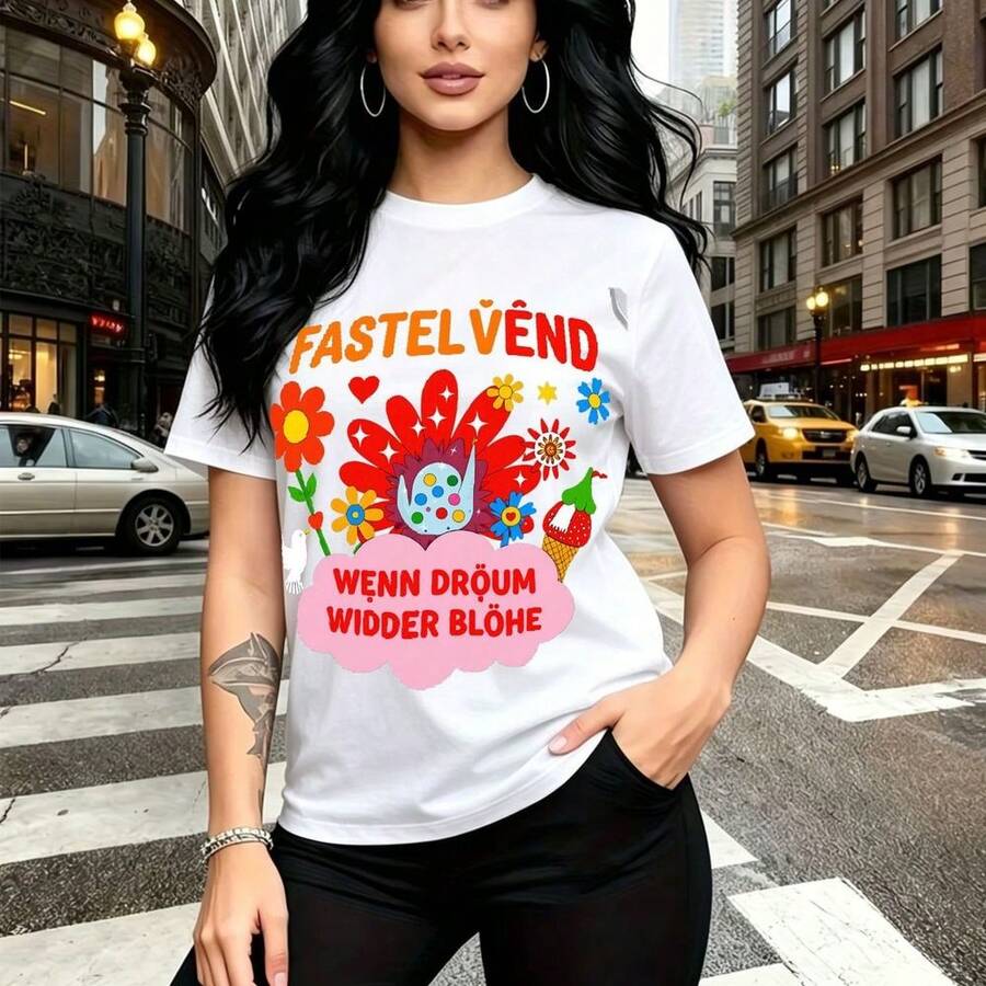 Camiseta de mujer con estampado colorido de pájaro azul, flores y mariposas con texto en alemán "FASTELVÆND" y "WENN DRÖUM WIDDER BLÖHE" - diseño gráfico divertido y moderno, ajuste casual y cómodo, estilo urbano para la ciudad - ideal para fiestas d - Blanco - Ver 1
