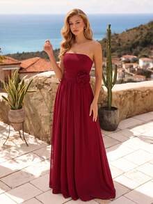 Đầm dạ hội dài màu đỏ thẫm gợi cảm bằng chiffon, không dây vai, họa tiết hoa, dành cho phù dâu. - Màu đỏ sẫm - Xem 4