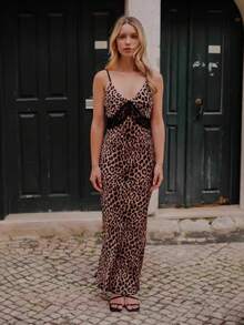 New Retro Leopard Print Strappy Fitted Dress - 棕色 - 查看 1