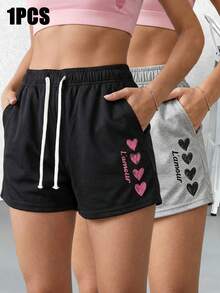 Women's Y2K Style "L'amour" Letter & Heart Print Shorts - Essential For Summer, Cute & Versatile. A Perfect Gift For Your Girlfriend. Sports - Black - View 4