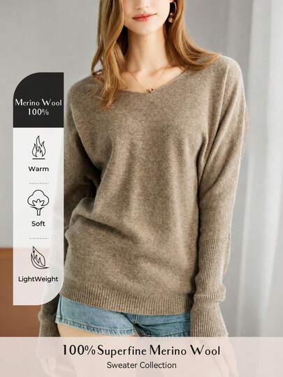 Women's 100% Merino Wool V-Neck Sweater, Soft Knit Pullover, Long Sleeve, Autumn/Winter Casual