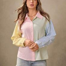 WNS  Blusa estilo BOHO de otoño con estampado campestre en rosa, amarillo mantequilla y azul, camisa casual con botones para mujer, blusa a rayas para mujer para uso diario con contraste de rayas, camisa de manga larga con cremallera, tops con estilo preppy, blusa casual a rayas para negocios, ropa western para mujer, camisa a rayas, moda de vuelta al colegio, blusas abotonadas casuales para mujer en Navidad - Rosa - Ver 6