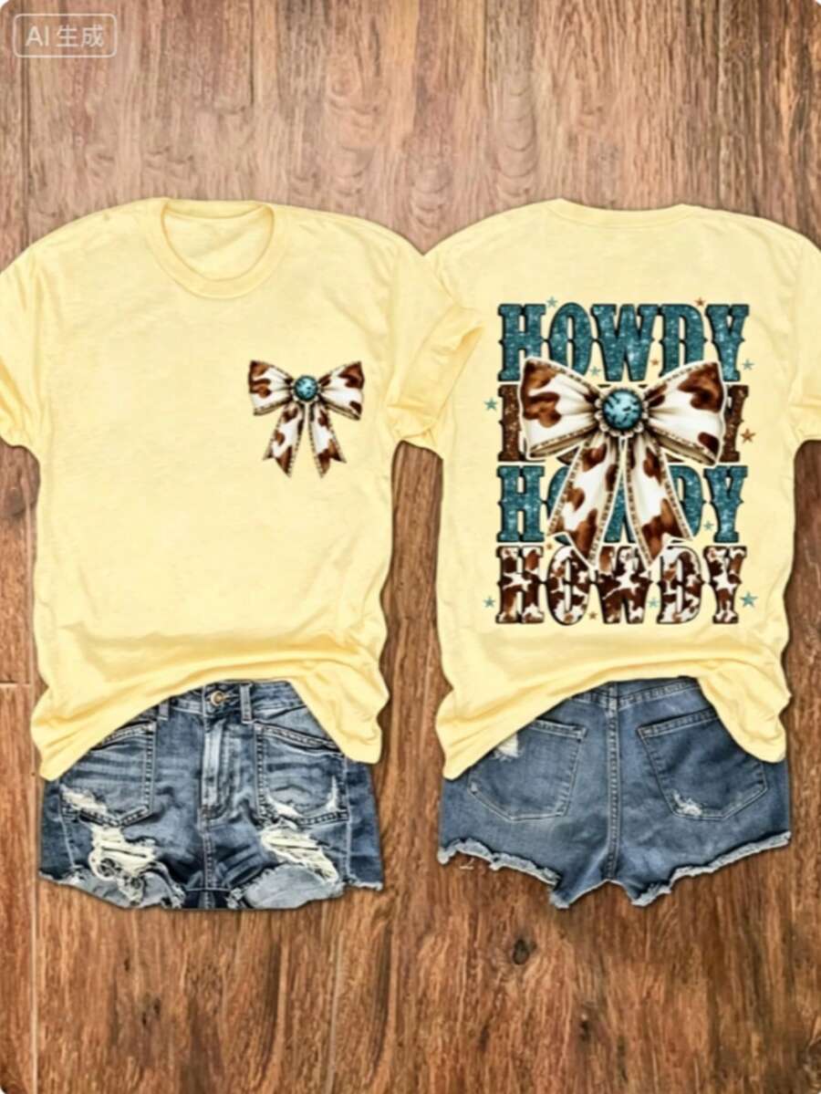 Western Tops Women, Turquoise Bow-Knot Print Round Neck Short Sleeve Top, Gift For Mom, Western Cowgirl Style, Country Outfit, Summer Cowboy Tee, Free Shipping - 黃色 - 查看 1