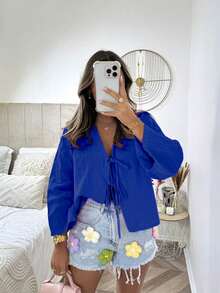 Blusa de manga larga con lazo al frente de color rojo para mujer, primavera - azul real - Ver 1