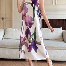 WNS  Vestido de verano de dama de honor con estampado floral elegante, cuello redondo y sin mangas, de largo medio - Azul - Ver 6