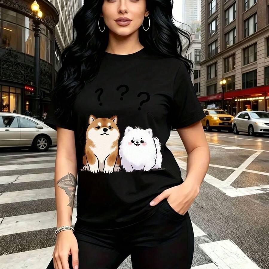 Camiseta de mujer con estampado divertido de dos perros Shiba Inu sentados y signos de interrogación - camiseta casual de manga corta con ajuste cómodo y estilo urbano, ideal para paseos por la ciudad, días nublados y salidas cotidianas - regalo perf - Negro - Ver 1