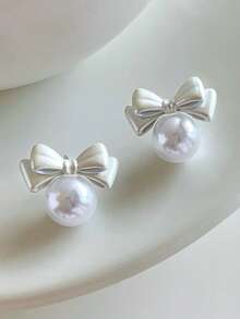 1 Pair Fashion Minimalist Bow Faux Pearl Stud Earrings Suitable For Women's Daily And Party Wear - White - View 7