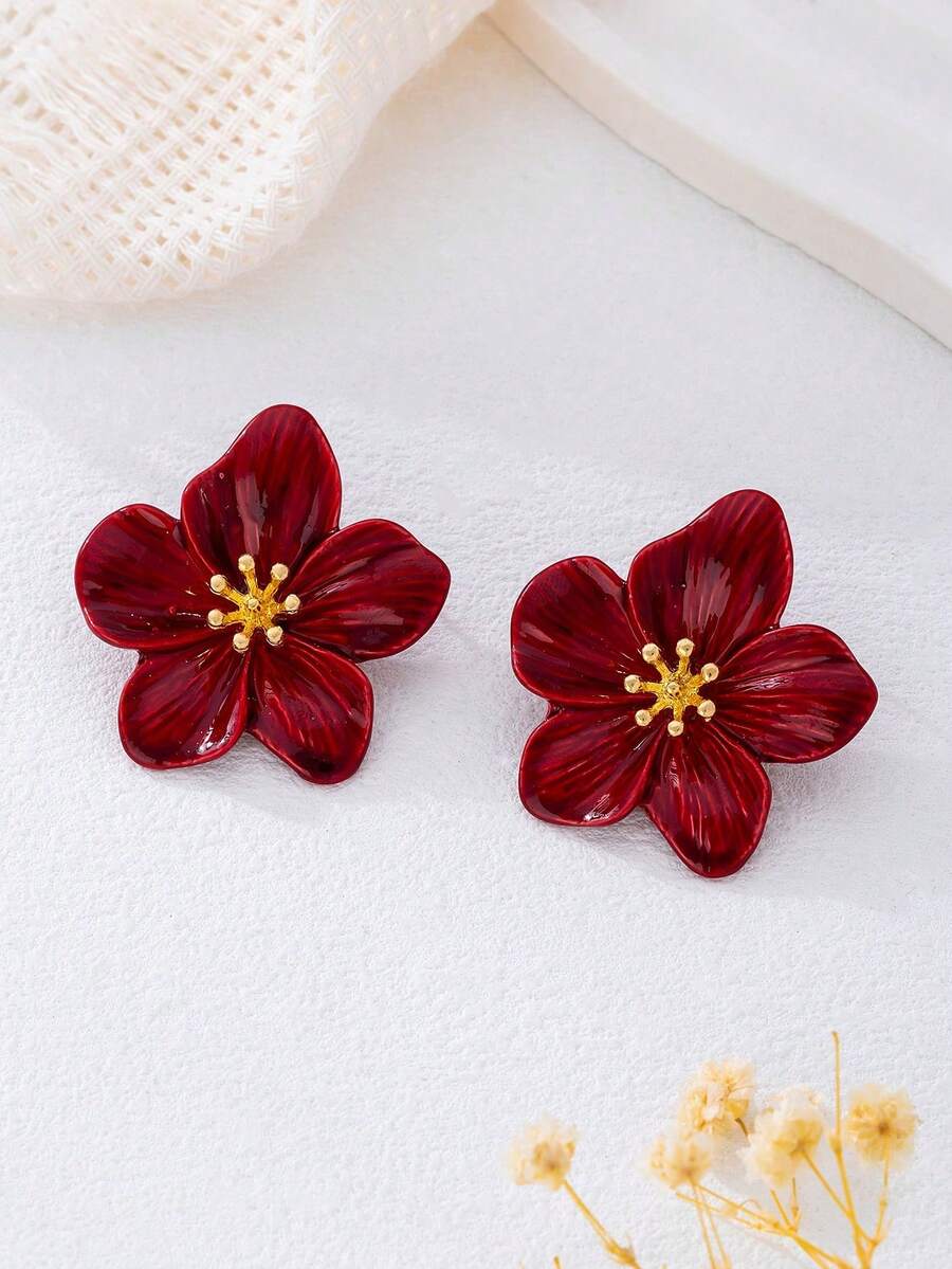 1 Pair Summer Vacation Style Colorful Bright Dopamine Style Burgundy Five-Petal Flower Girls Stud Earrings Summer Jewelry - Burgundy - View 1