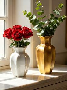 1pc Octagonal Lotus Edge Resin Vase - Luxury European Vintage Vase, Glossy White & Matte Gold Color Combination, Suitable For Windowsill And Living Room, Universal Vase, Can Hold Red Roses, Eucalyptus And Dried Flowers - New Model - View 5