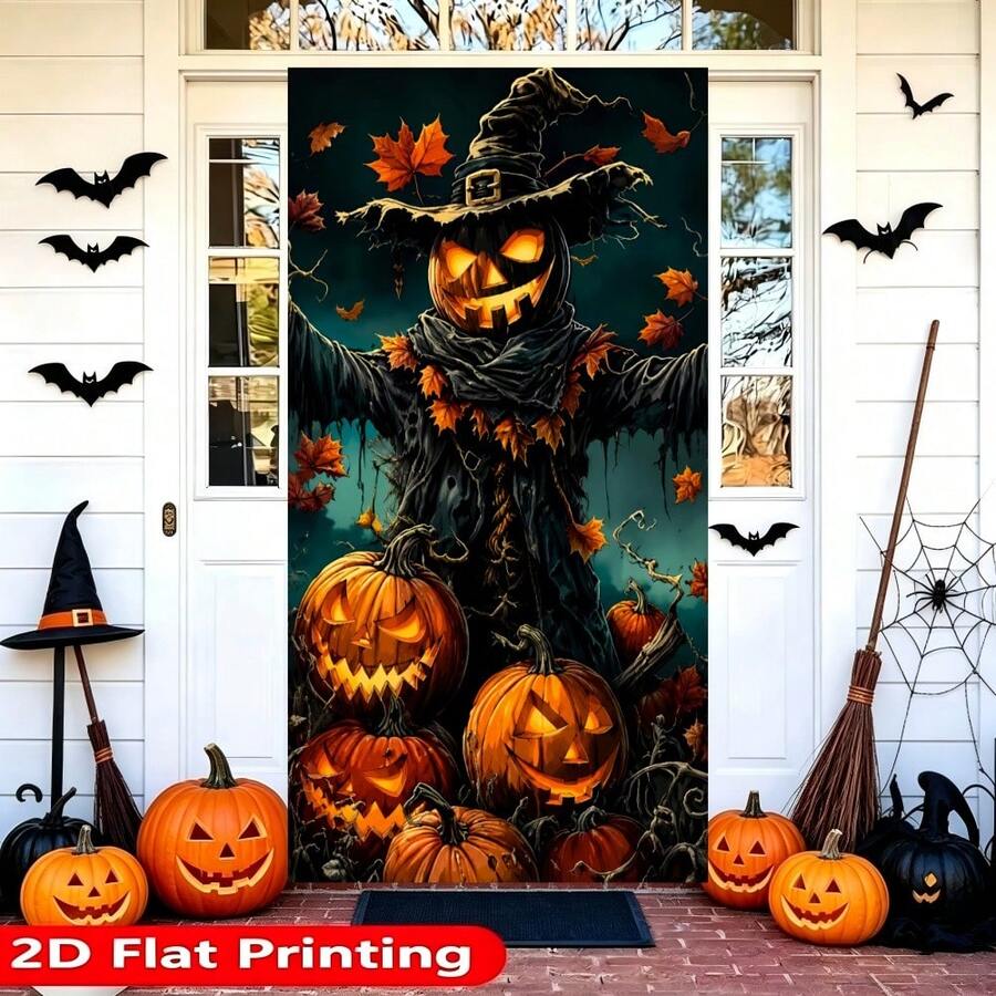2D Flat 1PC Halloween Dark Door Banner, Pumpkin Head Witch Hat Scarecrow Printed Door Curtain Background, Suitable For Festivals, Haunted House Decorations, Theme Events, Polyester Material - A - View 1