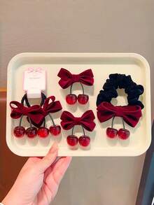 2 buah Jepit Rambut Anak Perempuan Motif Pita Beludru Vintage Motif Ceri, Jepit Rambut Anak Perempuan Lucu, Jepit Samping - MultiWarna - View 2