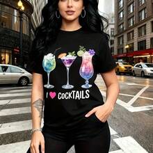 Camiseta de mujer con estampado colorido de tres cócteles y texto "I ️ COCKTAILS" - camiseta casual de cuello redondo, ajuste cómodo y moderno, estilo urbano ideal para fiestas, salidas casuales y días soleados - regalo perfecto para mamá, esposa, n - Negro - Ver 1