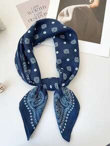 1pc Simple Printed 70cm Square Scarf, New Spring Bandana For Women, Versatile Waist Tie, Headband, Fashion Neckerchief - Navy Blue - View 3