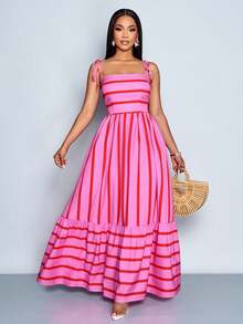 Vestido largo de estilo fluido y con rayas, con tirantes y detalles de recogido en el pecho - Rosa - Ver 1