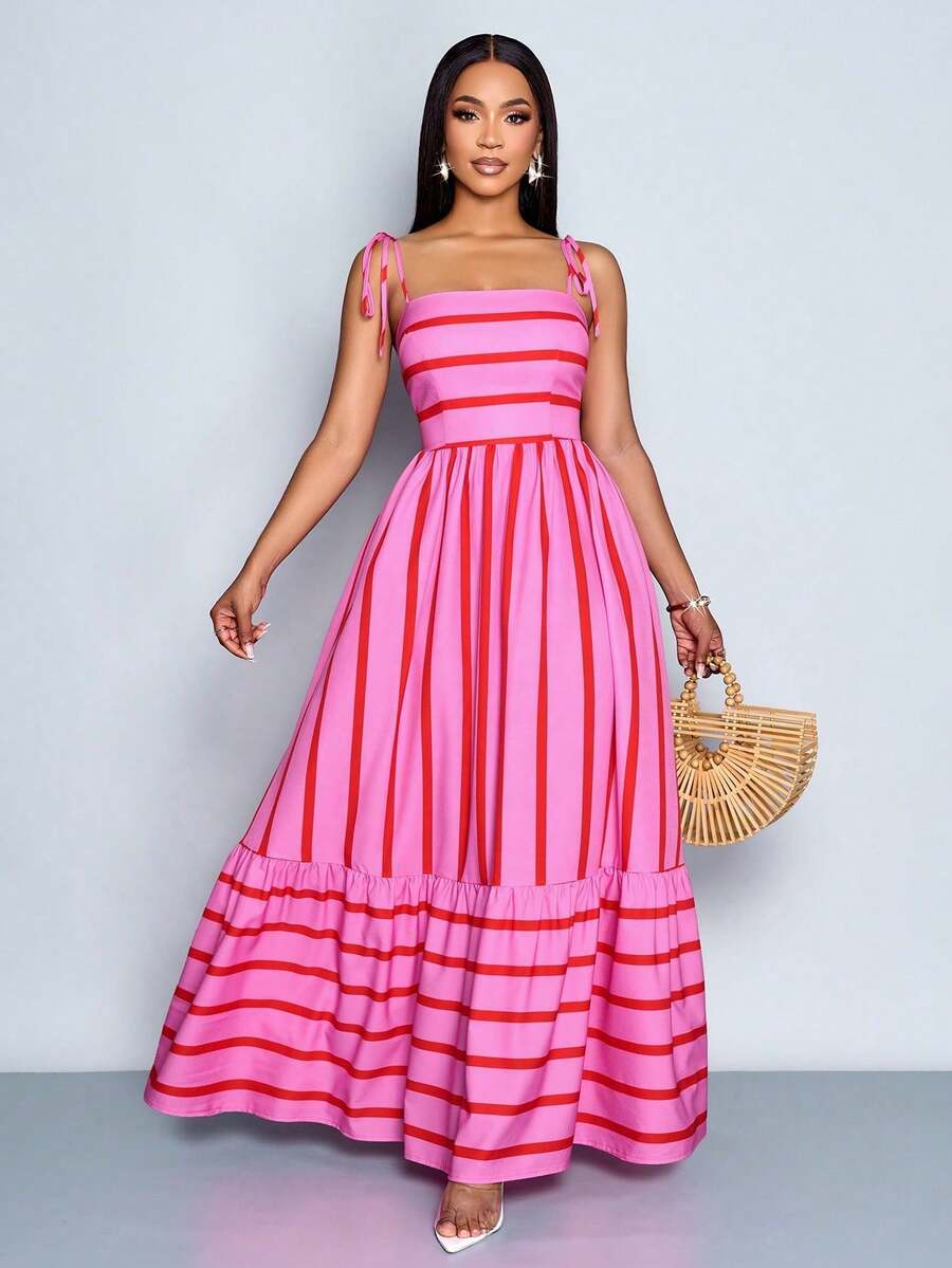 Vestido largo de estilo fluido y con rayas, con tirantes y detalles de recogido en el pecho - Rosa - Ver 1