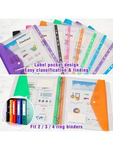 6 PCS Plastic Expandable Binder Pockets, 2/3/4 Ring Compatible File Pouches With Snap Button And Label Insert, Random Color Clear Organizers For School Office Business Home - Multicolor - View 7