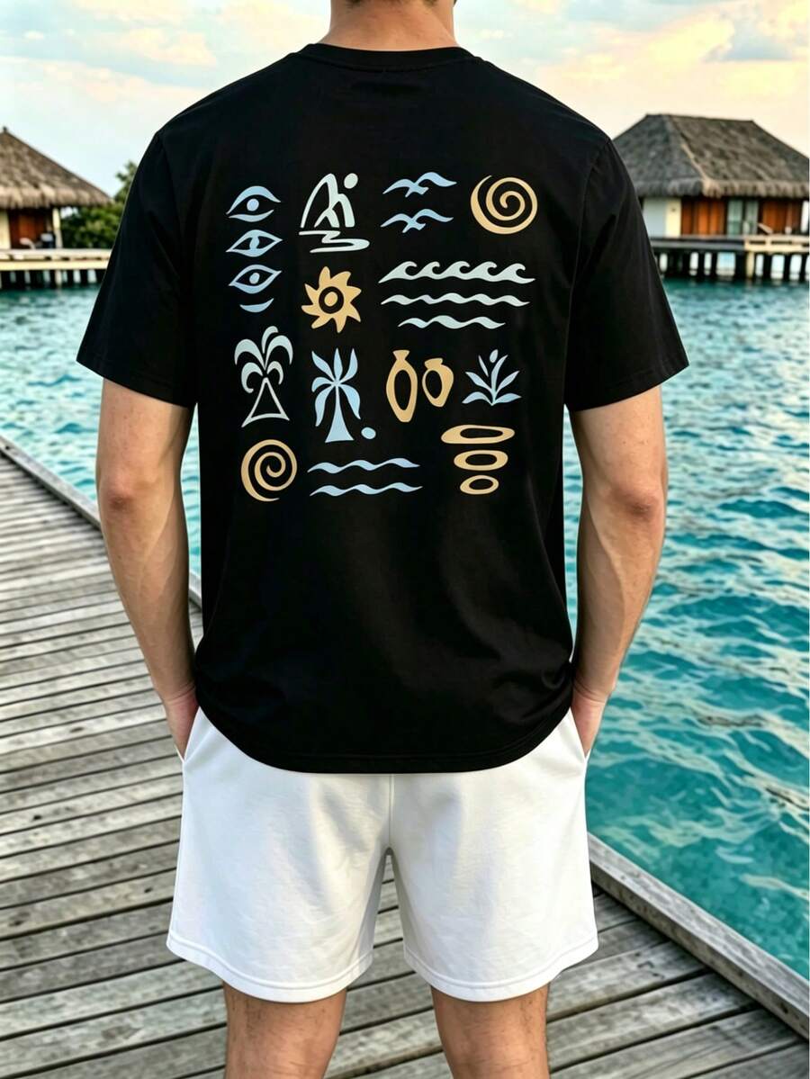 JINYA Herren Sommer Casual Tropischer Resort Stil Straßen Casual Abstrakt Geometrisches Symbol T-Shirt & Gerade Passende Strand Set, geeignet für Zuhause, Büro, Outdoor, Stadt, Regular, Straße, Lässig, Jugend, Campus, Retro, Vielseitig, Elegant, Personalisiert, Sport - Verschiedenfarbig - Übersicht 1