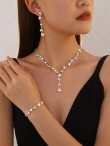 Set de 3 piezas de joyería con collar, aretes y pulsera con cristales, adecuado para uso diario u ocasiones románticas como bodas - JG-2914 Conjunto de joyas blancas - Ver 9