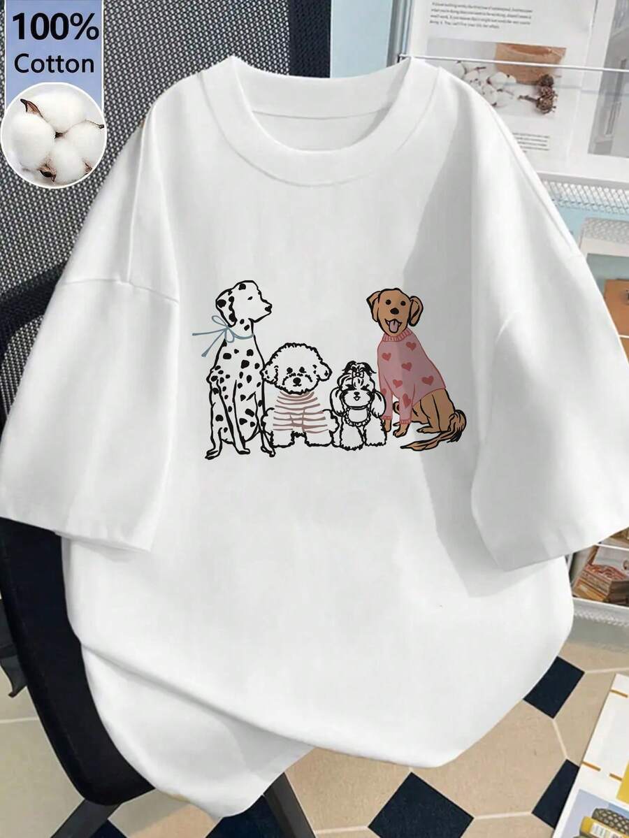 女款春夏季寬鬆圓領短袖字母卡通小狗印花T恤夏季休閒服飾 - 白色 - 查看 1
