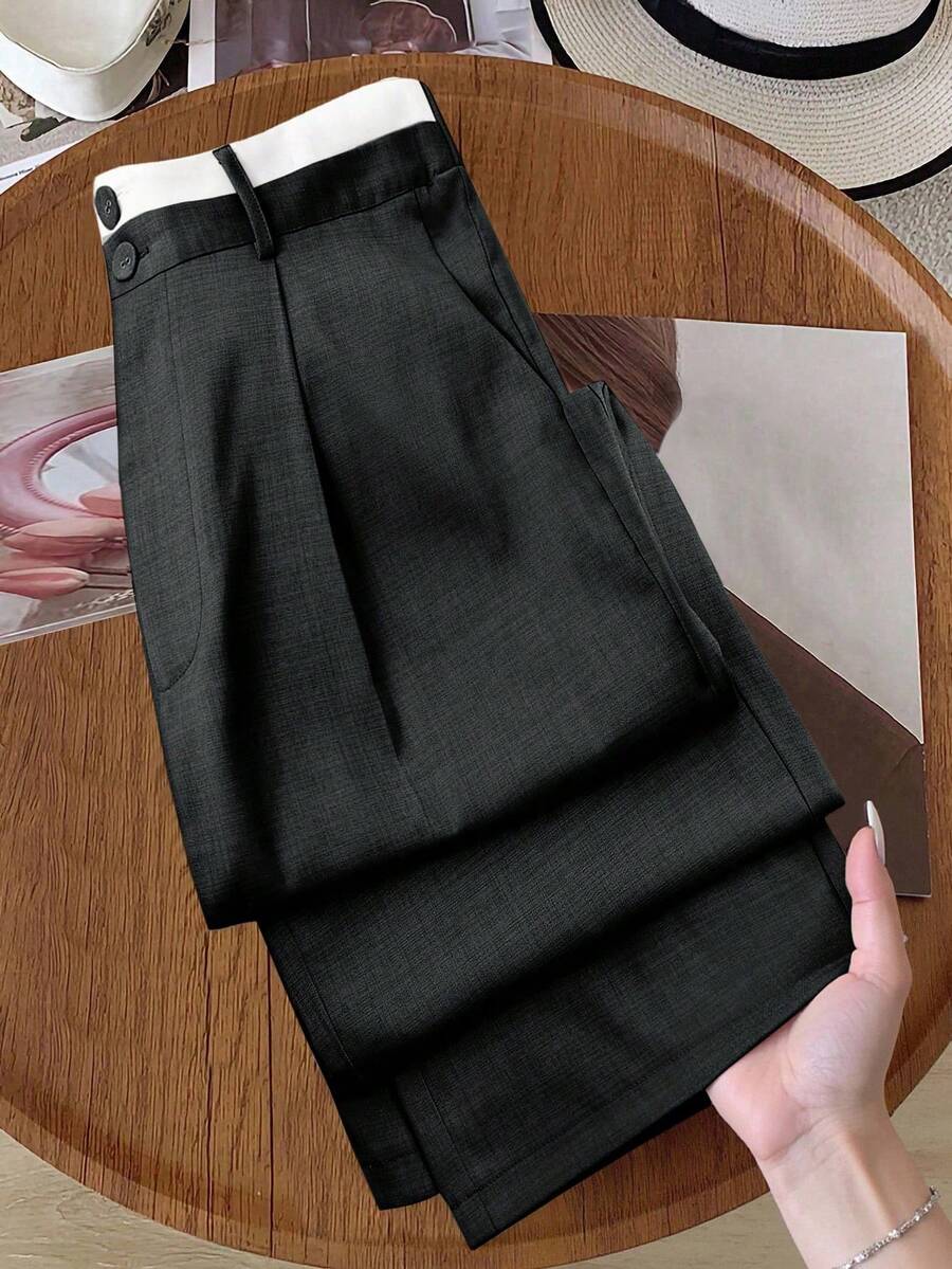 Pantalones rectos con cintura contrastante para mujer talla grande - Gris Oscuro 2 - Ver 1