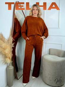 Women's Cold Weather Set In Ribbed Mousse Knit - Oversized Blouse And Pants | Fits Sizes 36 To 44 | Textured Pattern | Wool-Like Fabric | Drawstring Pocket | Women's Clothing | Daily Wear | Autumn/Winter - Tile - View 3