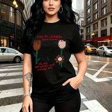 Camiseta de mujer con estampado artístico de flores coloridas y frase "Keep the childlike heart forever" - diseño moderno y divertido con letras rojas, ajuste cómodo y estilo urbano ideal para calles de la ciudad - regalo perfecto para mamá, esposa, - Negro - Ver 11