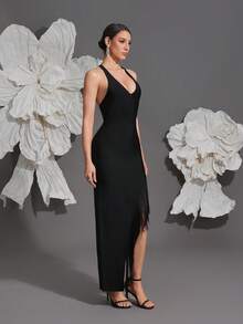 Vestido de mujer con cuello halter, de punto, con flecos y patchwork, estilo nuevo europeo & americano, para vacaciones, fiesta de noche, sexy, ajustado, para festival familiar, color negro - Negro - Ver 5