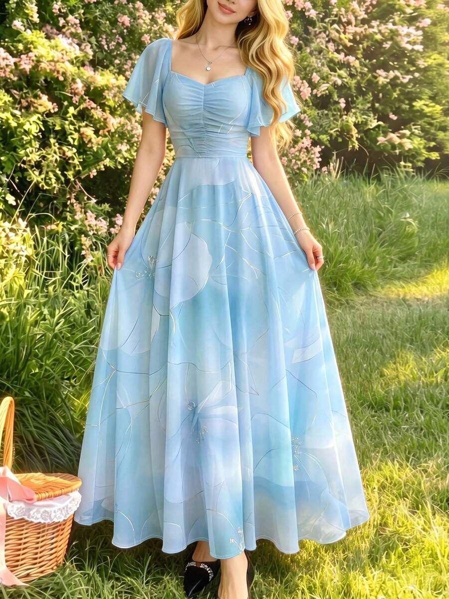 de manga corta con cuello cuadrado y diseño de volantes con estampado floral de rosas, cintura ceñida, largo elegante para vacaciones de verano y uso diario - Multicolor 13 - Ver 1