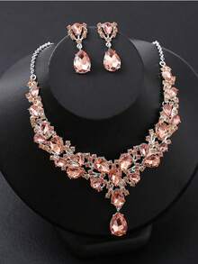 Bộ 1 dây chuyền và bông tai thời trang phong cách phóng khoáng đính pha lê, kim loại đính đá rhinestone toàn bộ, phù hợp làm phụ kiện cho váy cưới cô dâu và đầm dạ hội - trắng - Xem 3
