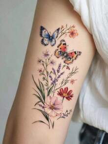 女性身體藝術臨時紋身貼紙，時尚彩色蝴蝶與花卉圖案，防水假紋身，可維持2-5天，適用於手臂、頸部、腰部及腿部，適合節日、婚禮、派對、禮物與度假，身體裝飾 - 彩色 - 查看 7